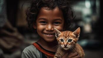 sonriente niño obras de teatro con juguetón gatito adentro generado por ai foto