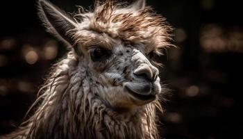 mullido alpaca poses para retrato en prado generado por ai foto