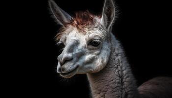 Fluffy alpaca stares at camera with humor generated by AI photo