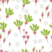 Pink root crop vegetable isolated on white. Radish seamless backdrop. Various slice shapes of farm local product. Wrapping paper design of organic veggie. Hand drawn flat vector pattern illustration