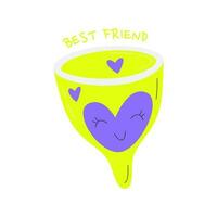 Menstrual cup for menstruation period. Cute concept of reusable vaginal hygiene. Organic hygienic container with saying best friend. Eco sanitary washable device. Hand drawn flat vector illustration