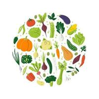 Round design concept with different vegetables. Various veggies in circle shape. Colorful enriched organic agricultural products. Nutrition composition. Hand drawn flat vector illustration isolated