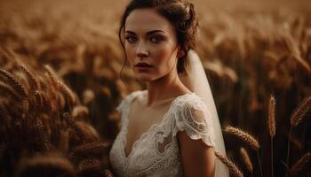 A beautiful bride in a wheat field, smiling generated by AI photo