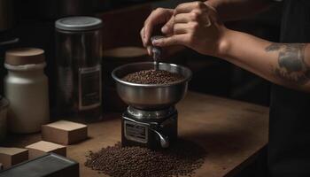Barista hand prepares fresh, dark cappuccino indoors generated by AI photo