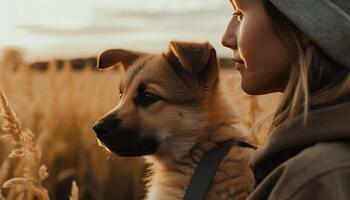 Cute puppy and woman embrace in sunlight generated by AI photo