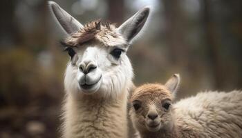 Cute alpaca portrait, fluffy fleece, innocent gaze generated by AI photo