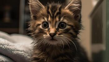 Fluffy kitten staring, playful whiskers pampered pets generated by AI photo