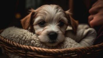 Fluffy puppy naps in cozy basket indoors generated by AI photo