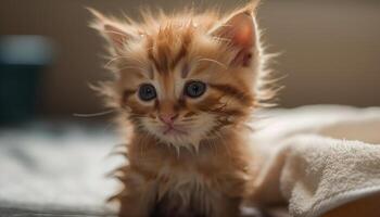 mullido gatito con a rayas pelo, curioso curiosamente generado por ai foto