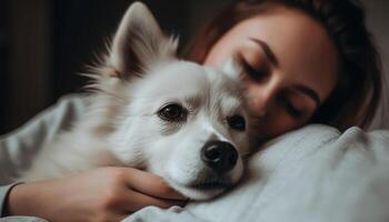 A cute puppy and woman embrace in love generated by AI photo