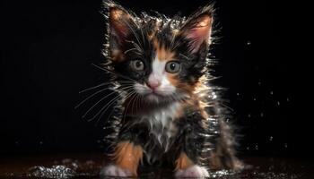 linda gatito con mojado piel miradas en broma generado por ai foto