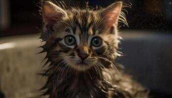 Fluffy kitten stares at water drop playfully generated by AI photo