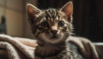 Fluffy kitten staring with curious eyes indoors generated by AI photo