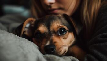 Cute puppy and dachshund playfully relax indoors generated by AI photo