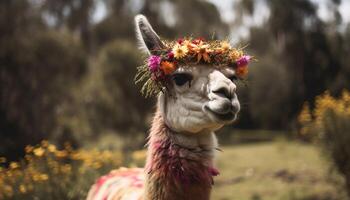 Cute alpaca smiles, posing in green meadow generated by AI photo