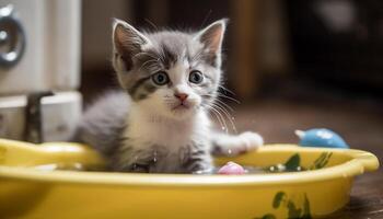 Playful kitten enjoys bath time with toy generated by AI photo