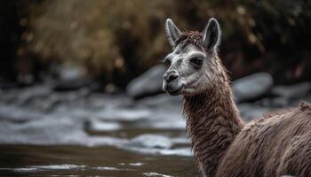 Cute alpaca with fluffy fur looking at camera generated by AI photo