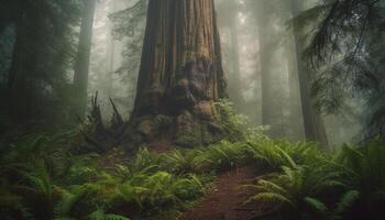 Majestic coniferous trees create spooky, tranquil scene generated by AI photo