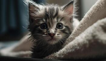 Fluffy kitten staring, playful and pampered indoors generated by AI photo