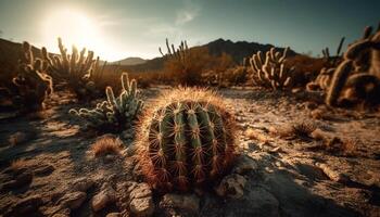 Sharp thorns protect succulent plants in arid landscapes generated by AI photo