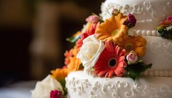 un gastrónomo Boda pastel con Fresco flores generado por ai foto