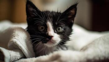 Fluffy kitten resting on pillow, staring curiously generated by AI photo