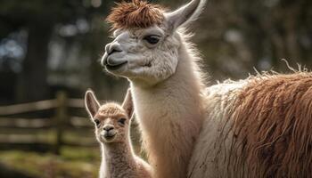 Fluffy alpaca grazes in green meadow, cute portrait generated by AI photo