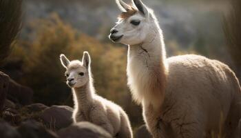 mullido alpaca pasto en rural prado, linda generado por ai foto