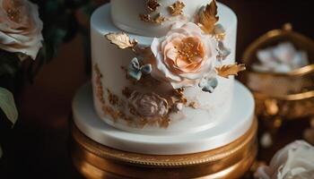 Elegant bride indulges in gourmet chocolate dessert generated by AI photo