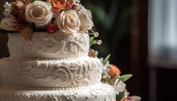 An ornate wedding cake tier with pink flowers generated by AI photo