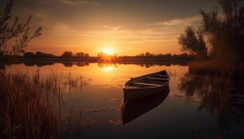 Silhouette of rowboat on tranquil pond at dusk generated by AI photo