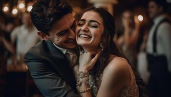 A joyful wedding celebration with smiling newlyweds generated by AI photo