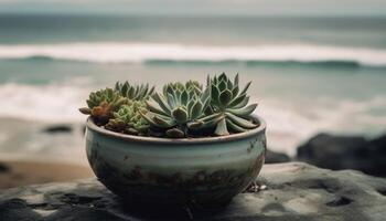 Green succulent thrives in arid coastal landscape generated by AI photo