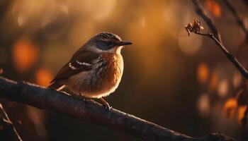Small sparrow perching on twig, enjoying sunlight generated by AI photo