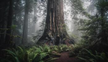 A mysterious fog envelops the tranquil forest generated by AI photo