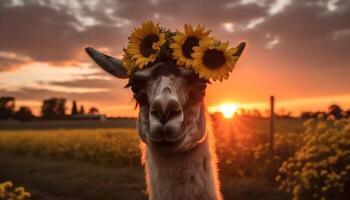 Smiling alpaca grazes in beautiful rural meadow generated by AI photo