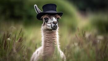 Fluffy alpaca smiles for the camera outdoors generated by AI photo