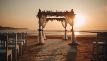 Romantic wedding by tranquil coastline at dusk generated by AI photo