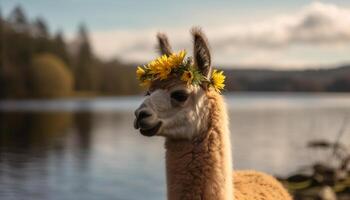 Smiling alpaca posing in lush green meadow generated by AI photo