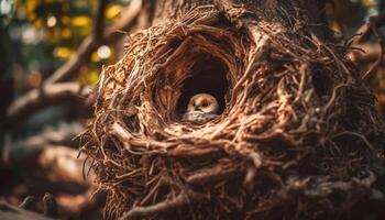 nuevo vida eclosión, linda joven pájaro sentado generado por ai foto