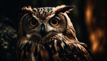 Great horned owl stares, spooky eyes glowing generated by AI photo