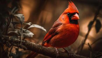 masculino del Norte cardenal encaramado en nieve cubierto rama generado por ai foto