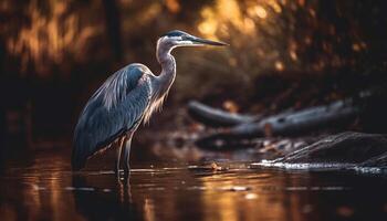 The majestic gray heron stands wading peacefully generated by AI photo