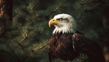 majestuoso calvo águila encaramado en Nevado pino generado por ai foto
