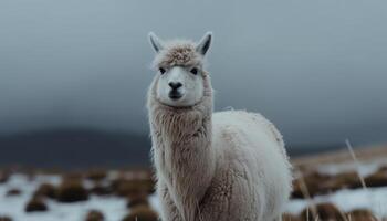 Fluffy alpaca poses for winter portrait adventure generated by AI photo