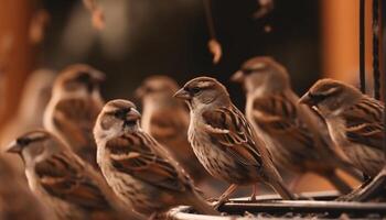 A row of cute sparrows perching on branch generated by AI photo