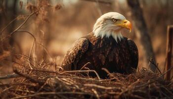 Majestic bald eagle perching on tree branch generated by AI photo