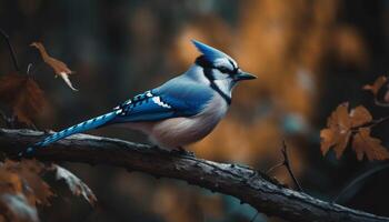 Perching nuthatch on autumn branch, tranquil scene generated by AI photo