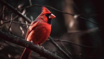 Male Northern Cardinal perching on branch, watching generated by AI photo