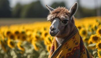 Cute alpaca smiling, looking at camera in meadow generated by AI photo